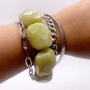 Vintage Chunky Jade Gemstone Nuggets and Metal Bracelet with extension chain